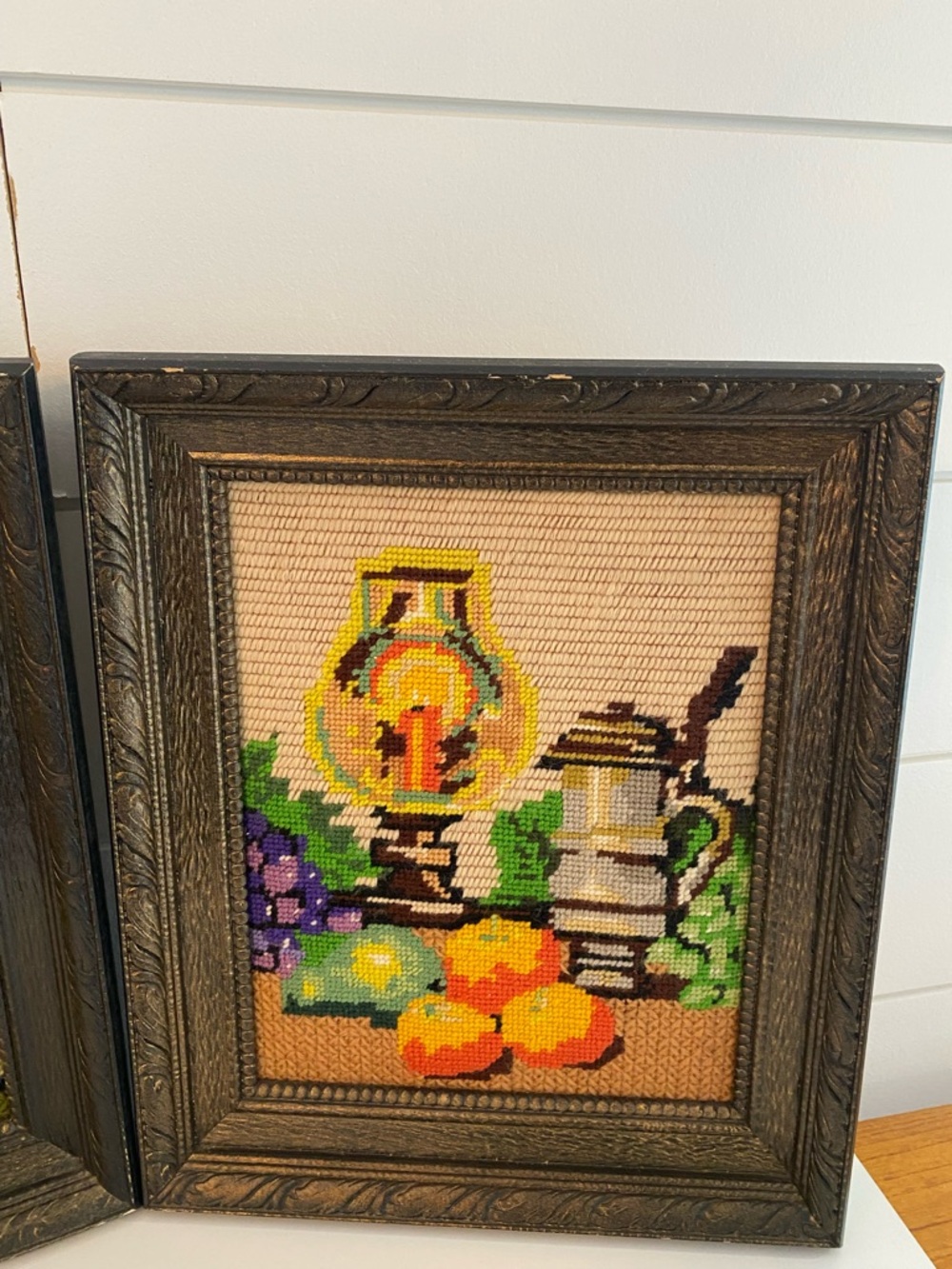 Vintage Handmade Pair of Framed Needlepoint Still Life Pictures Signed 1980 READ - Picture 3 of 16
